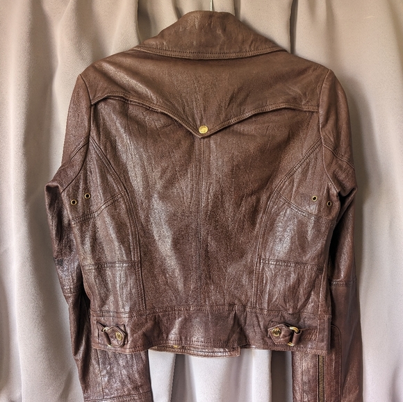 Motorcycle jacket. Chocolate brown, gold hardware, classic, Y2K, genuine leather - Picture 7 of 7